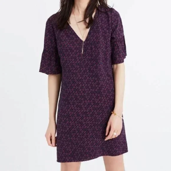 Madewell Purple, Pink & Navy Bell Sleeve Silk Mini Dress - Picture 7 of 8